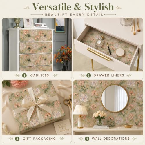 Image of Beige Blush Floral Peel and Stick Wallpaper - Soft Pastel Botanical Self Adhesive Wallpaper Roll for Bedroom, Nursery, Living Room, Wardrobe, Shelf Liner & Home Decoration