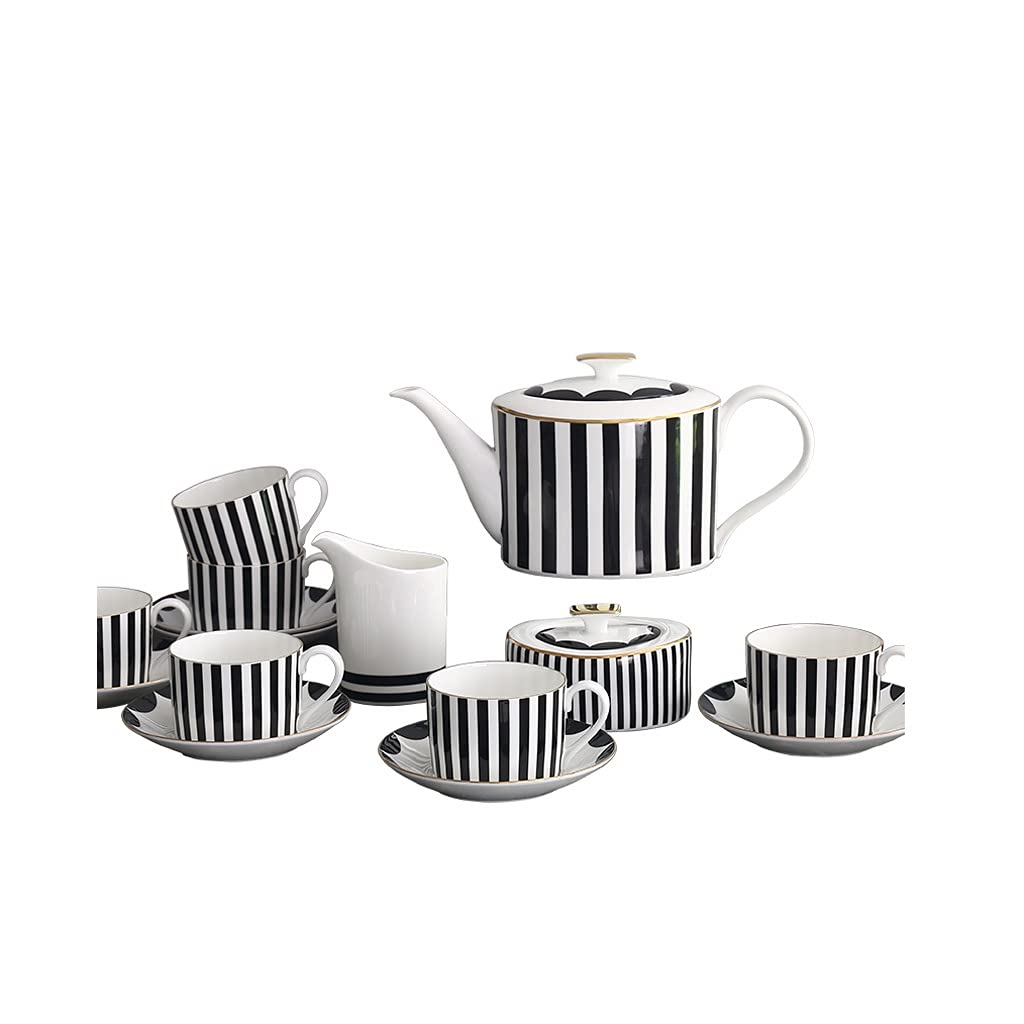 Tyuhduyur Black/White Coffee Cup Set Bone China Simple Vertial Pattern 6 People Coffeeware Teaware Sugar Bowl Creamer Mug Saucer Afternoon