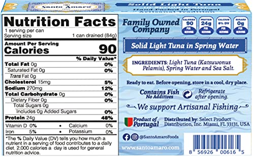 Image of Santo Amaro - Artisanal Wild Tuna Fish in Spring Water, Pole & Line Wild Caught Tuna from Portugal, Hand-Packed Canned Tuna, Solid Light Tuna, 24g Protein Keto, 90 Calories, Low Mercury, Pack of 6