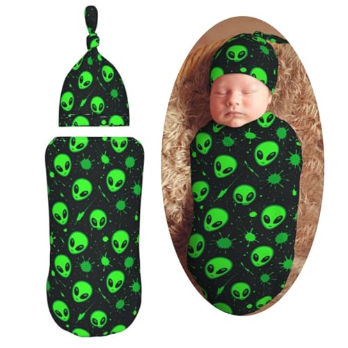 Image of Green Alien Head Newborn Swaddle Blankets Hat Sets Soft Baby Receiving Blanket Swaddle Sack for Baby Shower Infant Boy Girl Gift