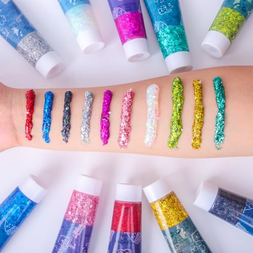 Body Glitter Hair Glitter Face Paint Sparkles Makeup Gel,10 Colors Glitter Gel Singer Concerts Disco Christmas Festival Rave Accessories, Chunky Sequins Mermaid Gel for Women Eyeshadow Children Hair