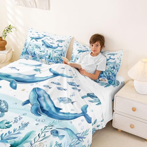 Image of jejeloiu Sea Animal Bed Sheets Set King Size Whale Turtle Fish Bed Set for Kids Boys Girls The Sea Marine Animal Deep Pocket Fitted Sheet Summer Breathable Soft Lightweight Microfiber