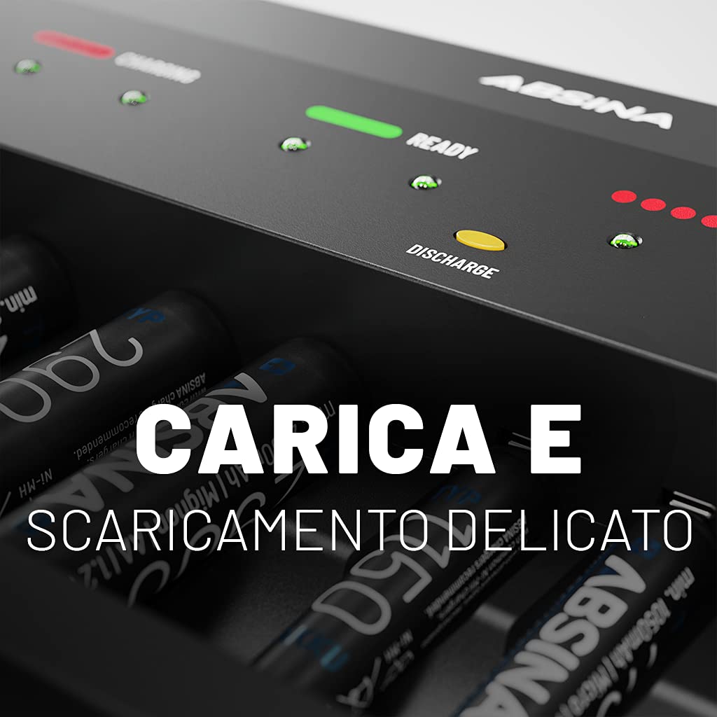 ABSINA Caricabatterie pile ricaricabili AA AAA e 9V + 4x AA 2900 | Caricabatterie NiMH 10 Slot per batterie ricaricabili - Carica pile AAA AA e 9V