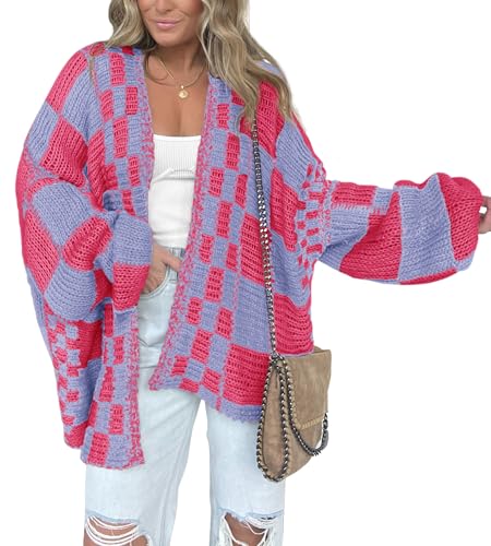 BTFBM Casual Cardigan Sweater for Women Fall 2026 Long Sleeve Open Front Chunky Knit Sweaters Checkered Outwear Coat