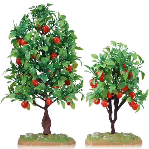 MAGICLULU Mini Artificial Apple Tree Ornaments with Faux Fruit 2 Pack Realistic Small Model Trees...