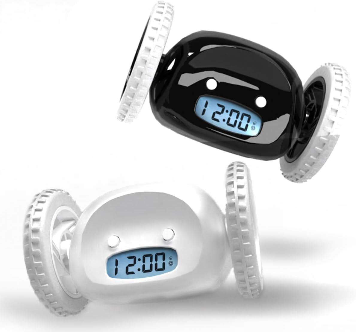 CLOCKY 2 CLOCKIES Alarm on Wheels (Original) | Extra Loud for Heavy Sleeper (Adult or Kid Bedroom Robot ie) Funny, Rolling, Run-Away, Moving, Jumping (Black and White)
