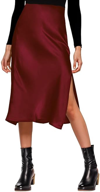 Amy Babe Womens Satin Silk High Waist Slit Midi Skirt Long Skirts for Women | Elastic Waistband, Side Split, Midi Length, Below the Knee, Silky Fabric, Elegant, Fall Winter Outfits