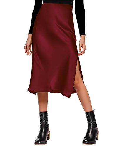 Amy Babe Womens Satin Silk High Waist Slit Midi Skirt Elastic Waistband Midi Skirts for Women - Large - Winered
