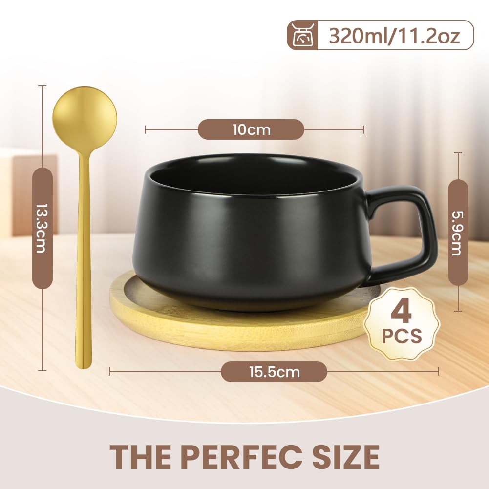 Lot de 4 Tasses à Cappuccino avec soucoupe,320ml Ensemble Tasses à Expresso en Grès,set de tasses et soucoupes,tasses à café avec disque en bois pour café, cappuccino,thé(Noir mat)