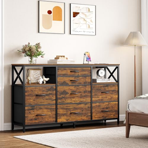 Hzuaneri Commode 140 cm, 2 Ports USB et 2 Ports AC, Meuble de Rangement en Tissu 8 Tiroirs, Armoire à Tiroirs Multifonctionnelle pour Chambre et Salon, 30 x...