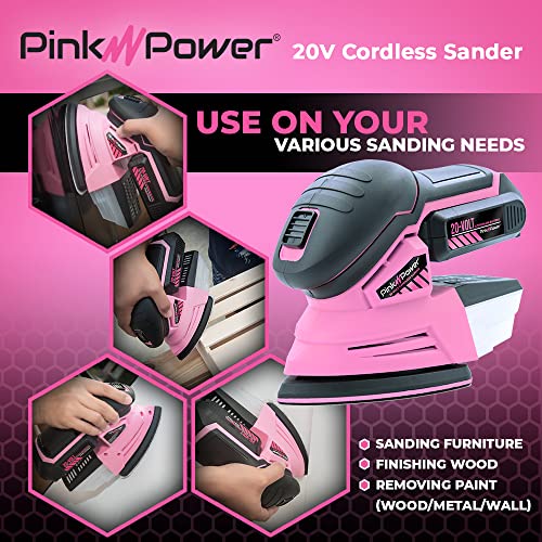 Pink Power Detail Sander for Woodworking 20V Cordless Electric Hand Sander for Wood Furniture - Mini Palm Sander Tool with Sandpaper, Li-Ion Battery & Charger - Small Handheld Sanding Machine - Image 6