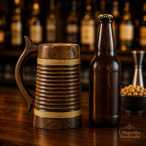Image of Handmade Wooden Beer Mug, Wood with Sheesham Finish, Barrel Style, Lightweight & Durable, for Craft Beer, Home Bar, Cafe, Party, Gift(350ml) (Rings)