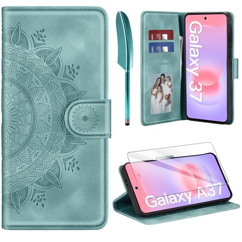 ivencase Lederhülle für Samsung Galaxy A37 5G Hülle und Schutzfolie Premium Klappbar Handyhülle Flip Wallet [Kartenfach] [PU Leder] [Ständer] Schutzhülle Kompatibel mit Samsung A37 5G Grün