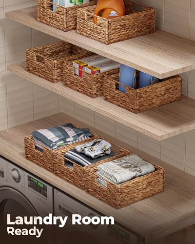 Image of BLUEWEST Wicker Storage Baskets Pack 6, Woven Baskets for Storage, Laundry Water Hyacinth Basket for Organizing with Carrying Handles, Rattan Baskets (Brown, Rectangular)