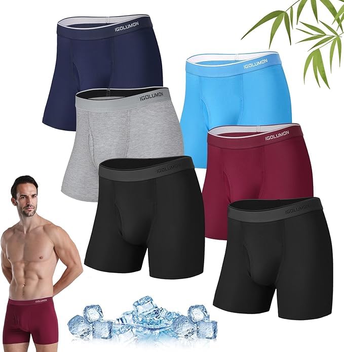 Bamboo Boxer Shorts Multipack 6 Soft Breathable Underwear Briefs with Elastic Waist Boxers for Men Comfortable Stretch Trunks with Open Fly Pouch Longer Leg Boxer Shorts Moisture Wicking