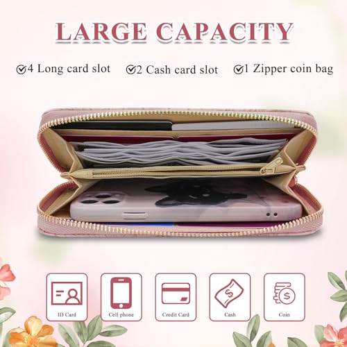 Womens Wallet, PU Material Zipper Wallets for Women, Long Wallet for Woman with Flower Patterns, Fashion Clutch Women Wallet for Travelling, Dating, Shopping (Pink)3