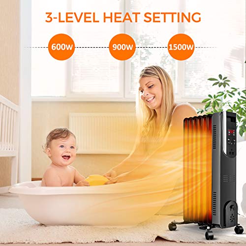 Oil-Filled Radiator Space Heater, 1500W Portable Electric Heater w/Remote Digital Thermostat, 3 Heat Modes Quiet Oil Heater w/ 12H Timer, Safety Features, LED Display, for Full Room Indoor Office Use