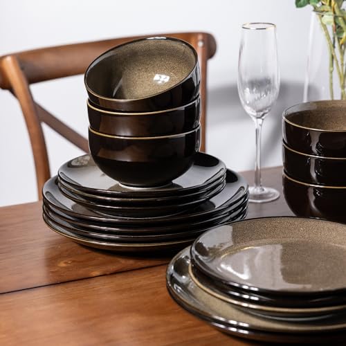 Image of LeRatio Ceramic Dinnerware Sets for 6,Stoneware Plates and Bowls Sets,Handmade Reactive Glaze Dishes Set,Chip Resistant and Scratch Resistant | Oven&Dishwasher & Microwave Safe-Chestnut(18PCS)