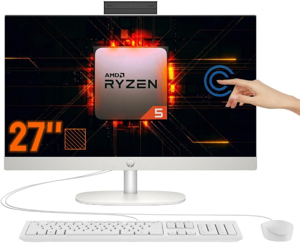 HP 27 inch Business All-in-One Desktop PC, FHD Touchscreen, AMD Ryzen 5 7520U, 16GB DDR5 RAM, 1TB SSD, AMD Radeon Graphics, Built-in-Speaker (Perfect for Work & Play)