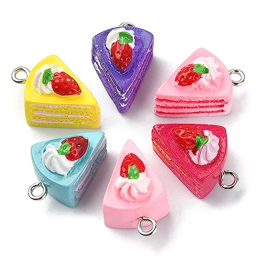 Ipotkitt 50 Pcs 5 Colors Strawberry Cake Charms Imitation Food Dessert Sweet Cake Charms for Necklace Bracelet Keychain Crafting DIY Ornaments