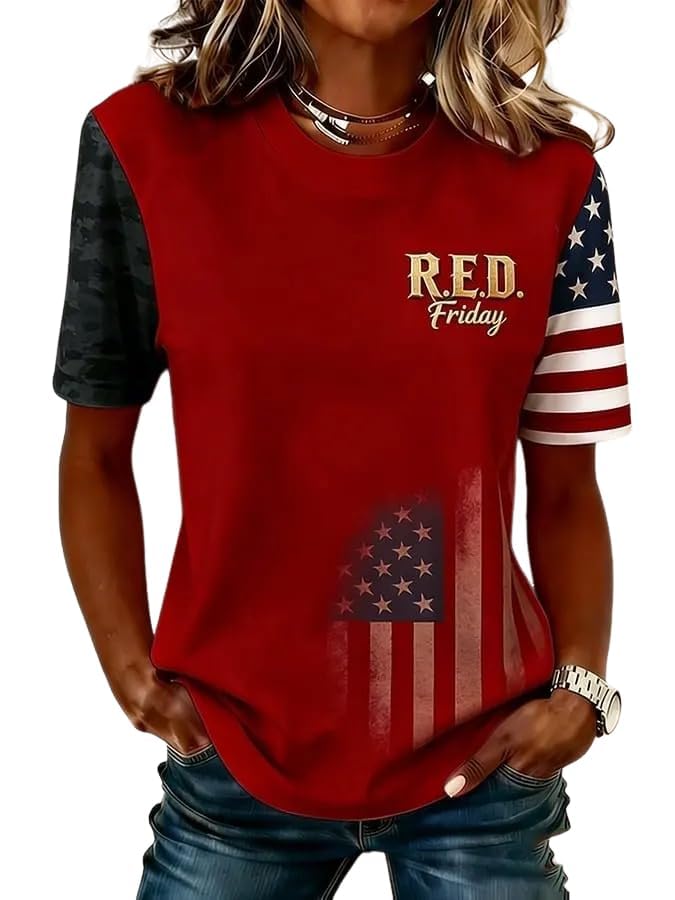 Womens Casual Red Friday Print T-Shirt Remember Everyone Deployed Veterans Patriotic Shirt Red Friday Tshirt (US Alpha Large Regular Regular Rosy)