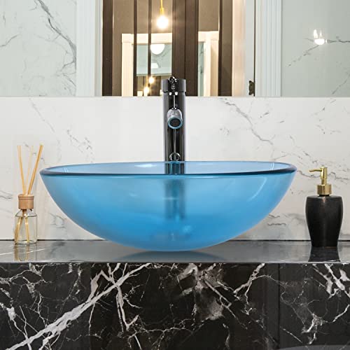 Bathroom Vessel Sink, Tempered Glass Vanity Round Bowl with Chrome Faucet and Pop up drain Set, Blue - Thumbnail 2
