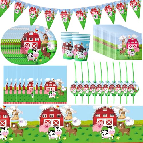 KedidO Louça de festa de quinta, pratos e copos para aniversário 61 peças festa pratos aniversário animais quinta conjunto inclui pratos, guardanapos para aniversário, aniversário, graduação