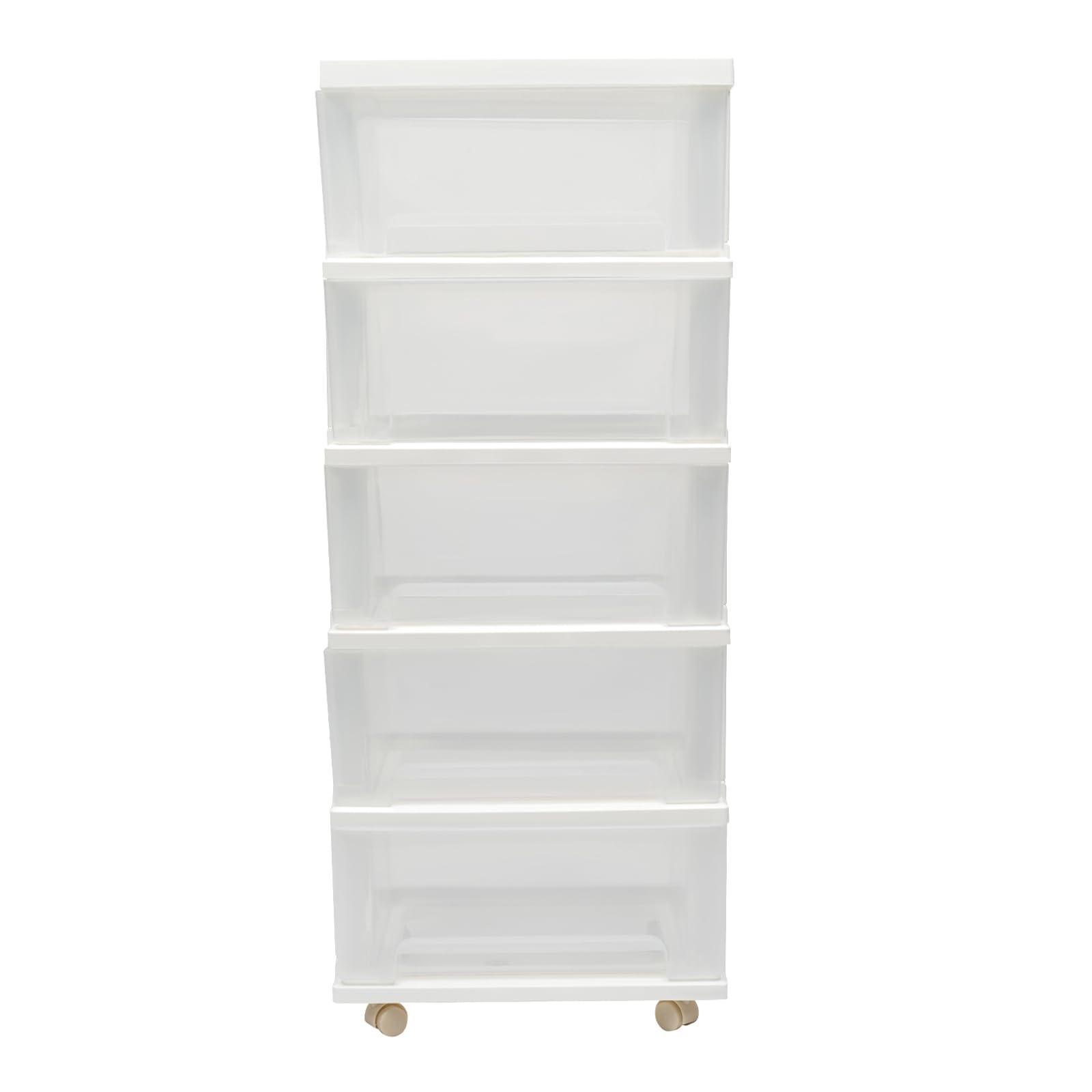 Cassettiera con ruote, 5 cassetti, cassettiera trasparente, in plastica, per libri, gioielli, cosmetici, colore bianco