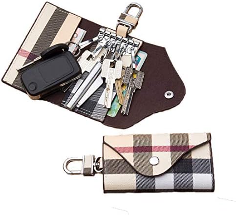 Women Men Leather Car Key Chain Card Holder, Money Wallet Pouch Case 6 keys Organizer Bag Case (Beige)