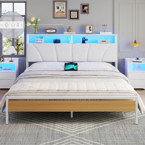 Brinlawb Bett 180x200 mit Lattenrost aus Metall, Doppelbett 180x200 cm mit LED Beleuchtung, Bettgestell 180x200cm Bett mit Kopfteil und Ladestation (2 AC-Steckdosen, 2 USB-Anschlüsse) Modern, Weiß
