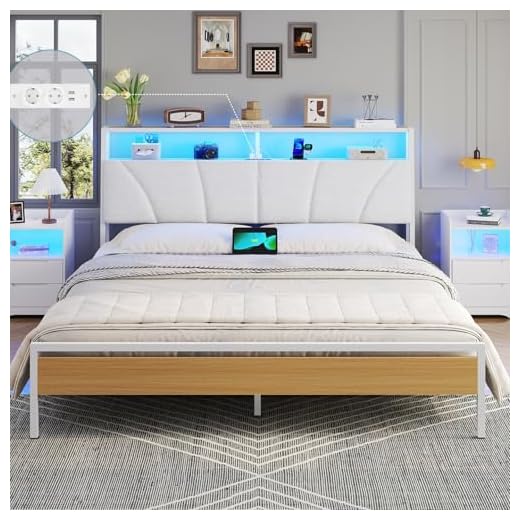 Brinlawb Lit 180x200 avec Sommier Métal, Cadre de lit 180x200 cm avec Lumières LED et Multiprise (2 Prises AC, 2 Ports USB) Lit 2 Personnes avec Tête de Lit Rembourrée et Rangement, Moderne, Blanc