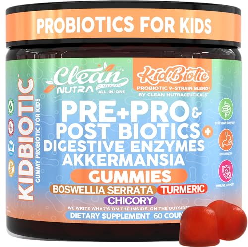 Clean Nutra Kids Probiotics Gummies with Prebiotics Postbiotics Digestive Enzymes Akkermansia Boswellia Serrata Turmeric Chicory 60 Count Plant-Based Supplement for Kids PeachPop Flavor