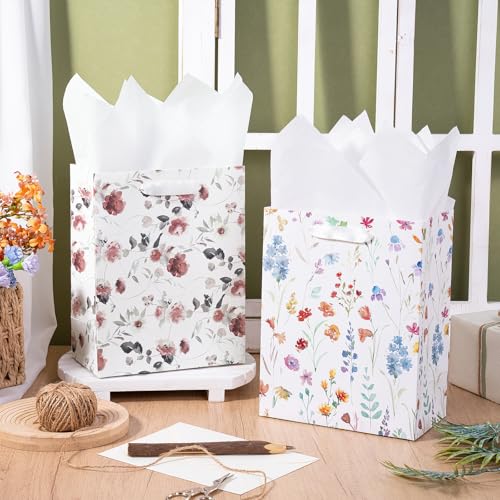 Image of Loveinside Medium Size Gift Bags, Colorful Flower Pattern Gift Bag with Tissue Paper for Shopping, Parties, Wedding, Baby Shower, Craft-4 Pack, 7 inch X 4 inch X 9 inch