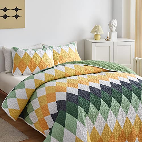 Yellow Green Rhomb Plaid Quilt Set 3Pc Queen Size Reversible Coverlet Bedspread Set Soft Microfiber Lightweight Summer Quilt Bedding Set Bed Cover For All Season 88X88 #TOP2