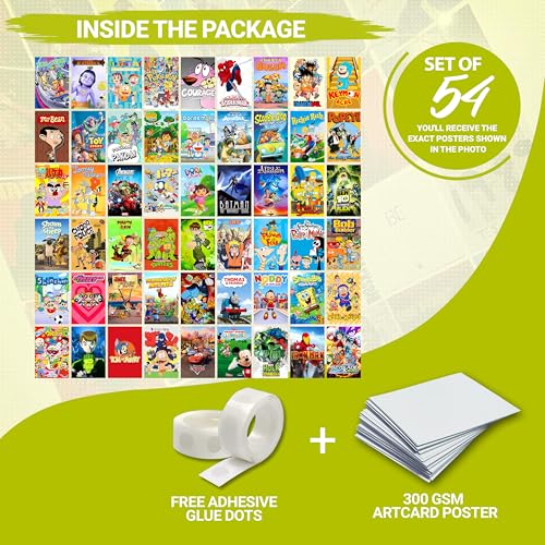 Image of MODERN GALLERY MART Pack of 54 Cartoon Wall Collage Kit Posters - 4 x 6 Inches Posters for Wall Decoration - Wall Art For Bedroom, Office, Living room, Dorm room - Glue Dots Included