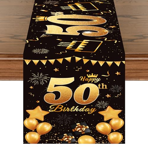 Happy 50th Birthday Table Runner Black Gold 72 Inch Long Celebrate 50th Birthday Table Runner for 50 Years Old Men Women Anniversary Party Decor Non-Slip Dining Table Linen Cloth Decorations