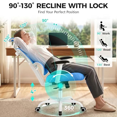 Image of Ergonomic Office Chair High Back Desk Chair with Lumbar Support, Breathable Mesh Computer Chair with Adjustable Armrests Height, Reclining Swivel Big and Tall Gaming Chair for Home Office(Sky Blue)