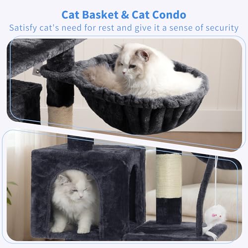 Image of Heybly Cat Tree with Toy, 43.3 inch Cat Tower for Indoor Cats HCT004SG | Cat Condo with Durable Sisal Scratching Posts, Cat House with Padded Plush Perch, Cozy Hammock, Smoky Gray