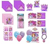 Princess Birthday Party Supplies Bundle includes 48 Paper Napkins, 3 Centerpieces, 16 Invitations & Thank You Notes, 24 Stickers, 6 Balloons, 18 Straws, 1 Bead Bracelet
