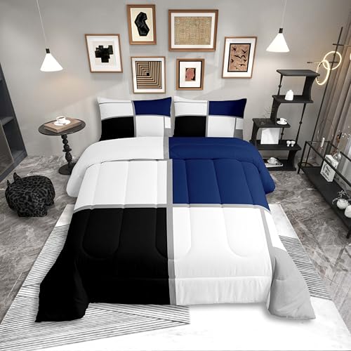 Erosebridal Geometric Comforter Set Queen Size for Adults Teens,Black and White Abstract Bedding,Navy Blue Striped Grid Quilt for Minimalist,Modern Art Patchwork Bedding Comforter Sets