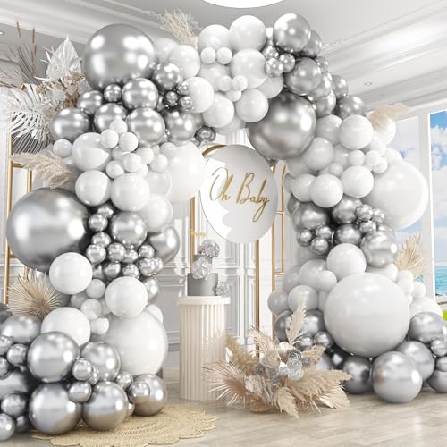 Image of 412Pcs White and Silver Balloons Arch Kit, 18 12 10 5 Inch White Metallic Silver Latex Balloon for Wedding Bridal Shower Engagement Anniversary Birthday Party Decorations