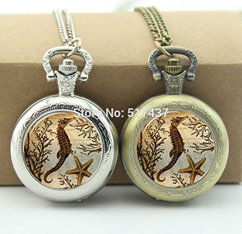 Pretty Lee Seahorse Pocket Watch Floating Glass Lockets Necklace Style Retro Vintage Pocket Watch Necklace