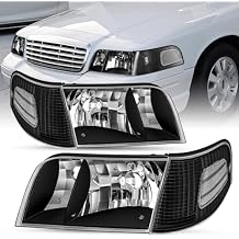SOCKIR Headlight Assembly Fit for 98 to 11 Ford Crown Victoria Headlamp w/Corner Lights 4pcs Black Housing with Clear Reflector