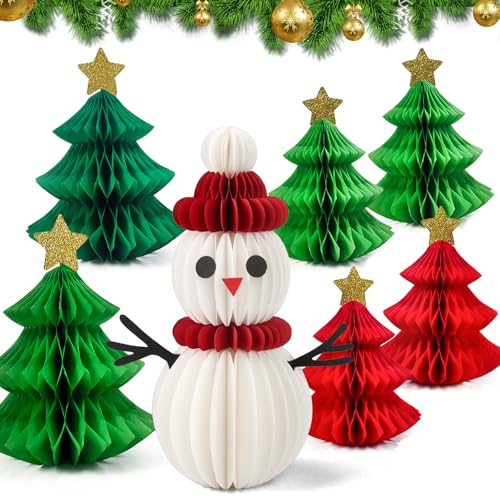 7 Pezzi Decorazione Natalizia Riutilizzabili - Alberi di Natale di Carta et Bonhomme de Neige, Decorative per Albero di Natale a Nido d'ape, Decorazioni Natalizie in Carta da da Tavolo