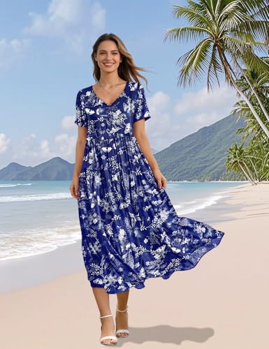 Image of YESNO Women's Summer Maxi Dresses Casual Floral Short Sleeve V Neck Boho Beach Vacation Swing Dress with Pockets EVF