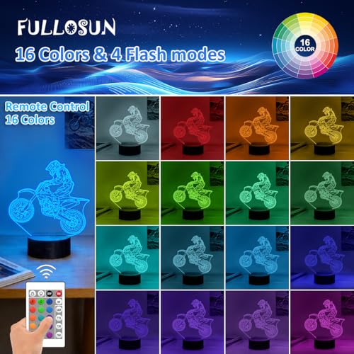 Image of FULLOSUN Dirt Bike Gifts, Motocross 3D Night Light for Kids for Xmas Holiday Birthday Gifts for Kids Motorcycle Fan with Remote Control 16 Colors Changing + 4 Changing Mode + Dim Function