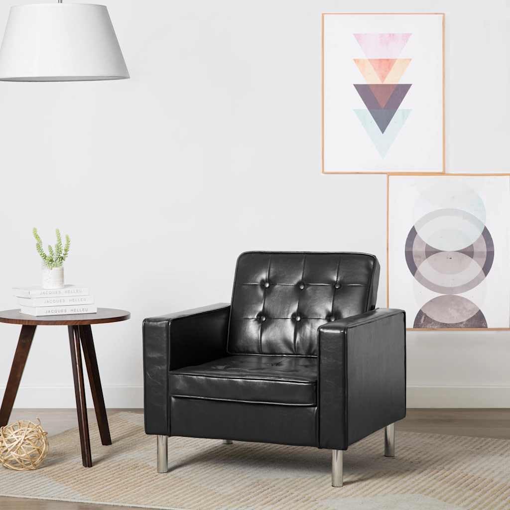 Hothingwell Nowoczesny designerski fotel 75 x 70 x 75 cm z szerokimi podłokietnikami, czarna sztuczna skóra, rama MDF i stalowe nóżki, dekoracyjne guziki, idealny do salonu, biura, sypialnia