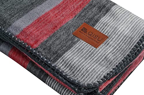 Qisu Alpaca Wool Blanket Throw | Queen, Beautiful, Warm, Stripes | 85 X 65 Inches | Ultra-Soft, Hypoallergenic And Breathable | Non-Itchy Or Scratchy Fabric (Red Grey Stripe) #TOP1