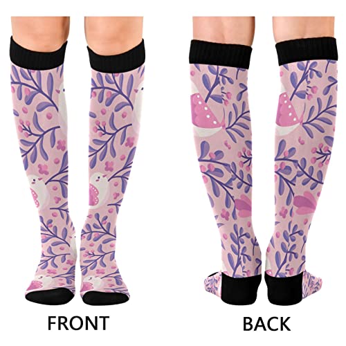 Wusikd Cute Birds Floral Compression Socks for Women and Men Circulation Pink Long Socks for Athletic Running 1