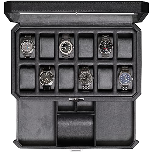 ROTHWELL 12 Slot Leather Watch Box with Valet Drawer - Luxury Watch and Jewelry Case Display Organizer, Microsuede liner, Mens Locking Storage Holder Large Glass Top (Black/Grey)